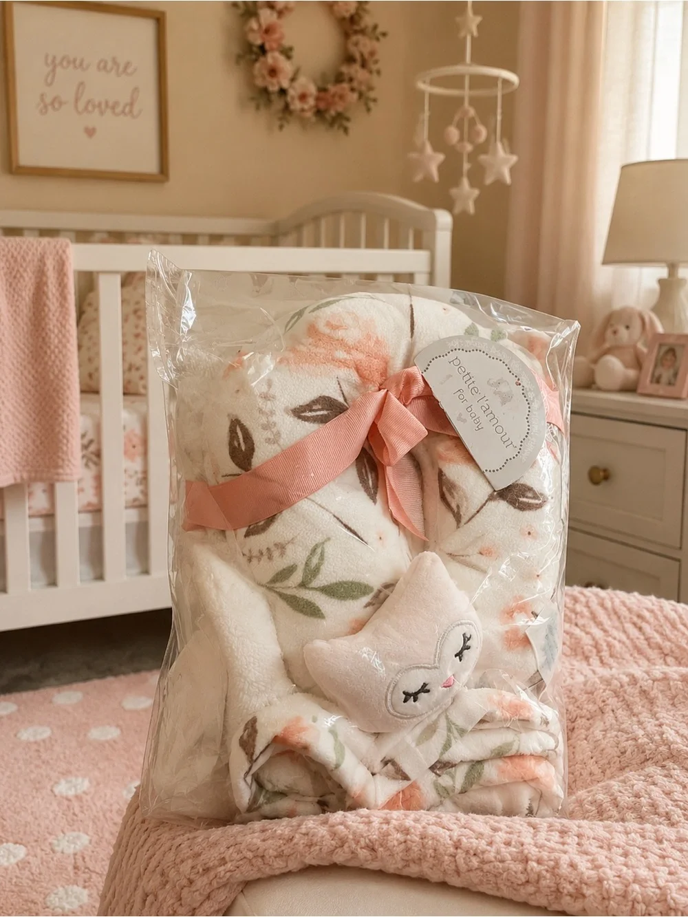 Plush Floral Baby Nest and Blanket Set - Pink Cream